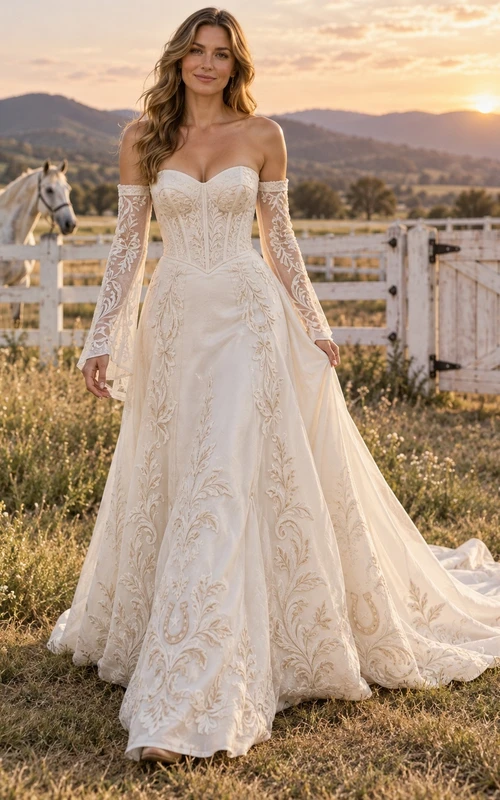 Country Boho Off shoulder Mermaid Satin Wedding Dress with Long Bell Sleeves and Scroll Embroidery
