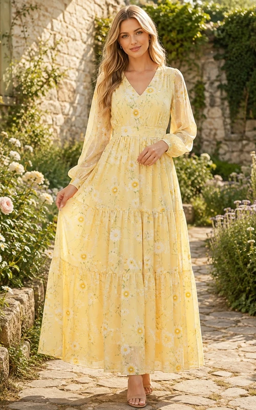 Robe longue romantique jaune à fleurs, col en V, manches bouffantes et volants, coupe trapèze, longueur au sol