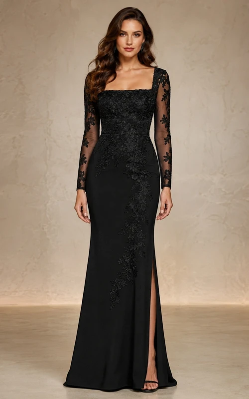 Black Sultry Square Lace Long-Sleeve Sheath Floor-Length Evening Dress