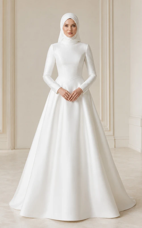 Modest Muslim Long Sleeve High Neck Satin A-Line Wedding Dress