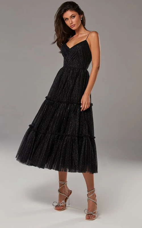 Robe de bal vintage en tulle à bretelles spaghetti et col en V, coupe trapèze