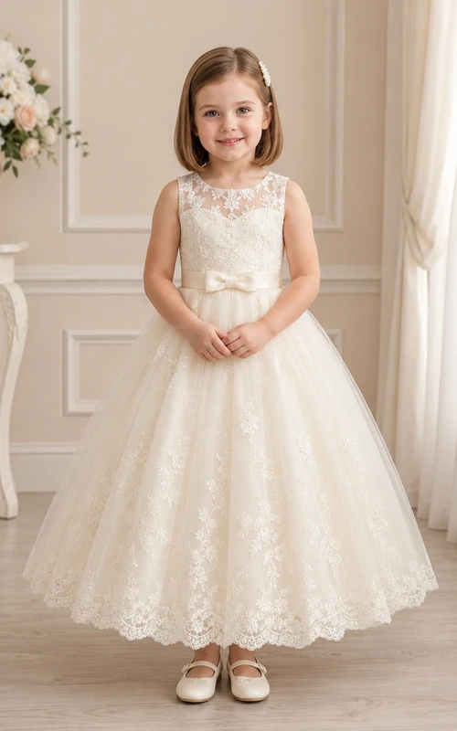 Flower Girl Dress Champagne Lace Tulle A-Line Jewel Neck Tea Length