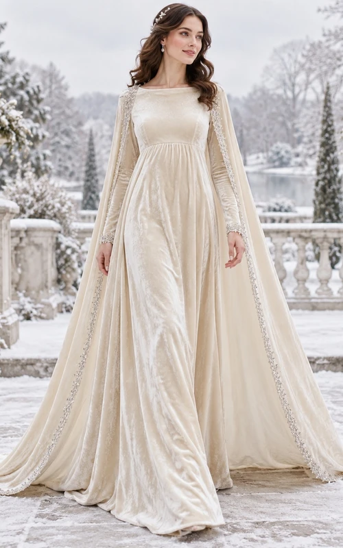 Vestido de novia de corte A con capa de terciopelo y cuello joya de manga larga y modesto estilo invierno