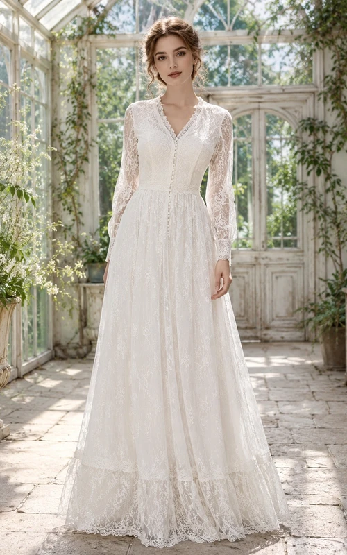 Vestido de fiesta vintage de manga larga, escote en V, encaje y largo hasta el suelo, corte en A.