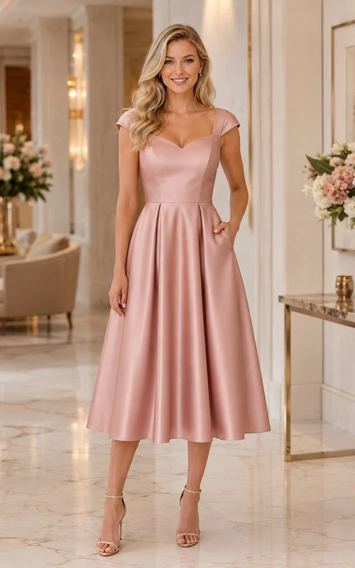 Cocktailkleid aus altrosafarbenem Satin mit herzförmigem Ausschnitt, kurzen Ärmeln, A-Linien-Schnitt und Teelänge sowie Taschen