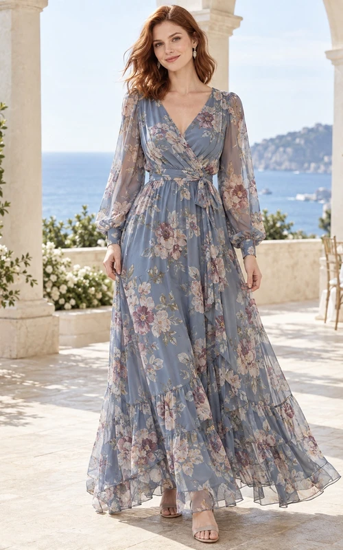 Vestido largo de gasa azul pizarra con estampado floral y escote en V, estilo bohemio, manga larga.