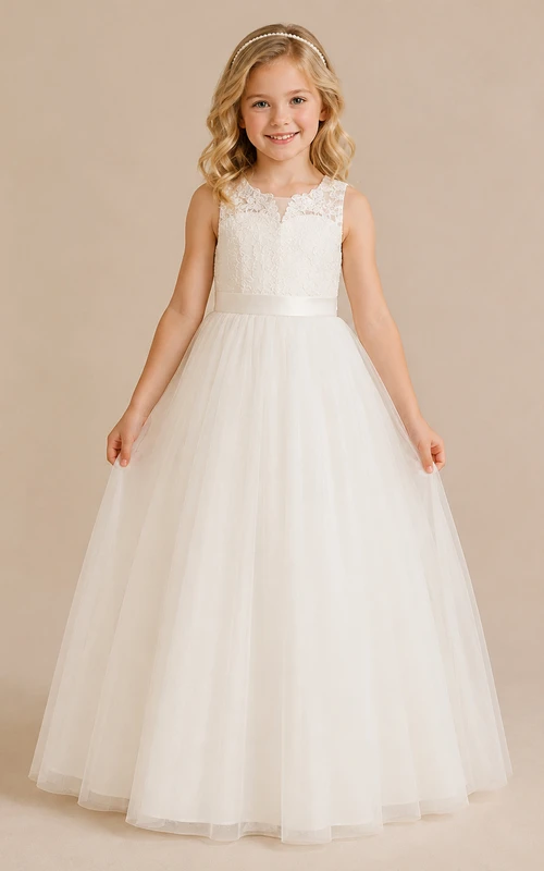 Lace Bodice Tulle A-Line Flower Girl Dress with V-Neck, Tea-Length Skirt and Bow Detail