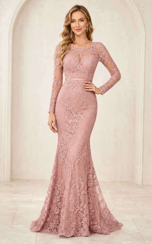 Elegantes, hochgeschlossenes Meerjungfrauen-Abendkleid aus Spitze in Altrosa mit Illusionsärmeln und hohem Kragen