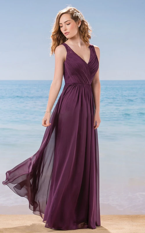 Robe de demoiselle d'honneur longue sans manches en mousseline, col en V et dos en dentelle