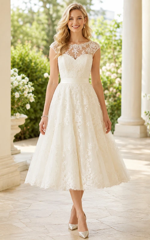 Vestido de novia romántico vintage de encaje con mangas cortas y escote barco, largo hasta la rodilla, estilo jardín.