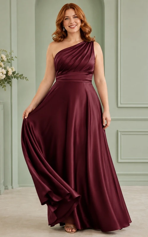 Plus Size Burgundy One-Shoulder Satin A-Line Floor-Length Formal Dress