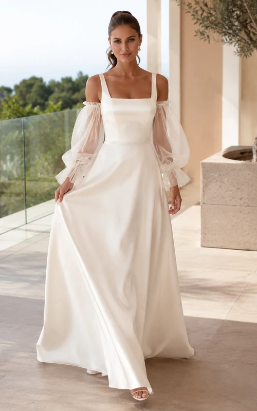 Detachable Sleeve Square Neck Villa Terrace A Line Gown