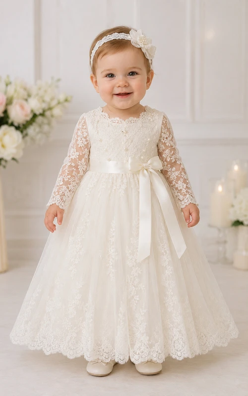 Robe de baptême pour bébé, robe de princesse modeste, robe de bal longue en tulle illusion et dentelle, manches longues, avec ceinture à nœud, couleur ivoire