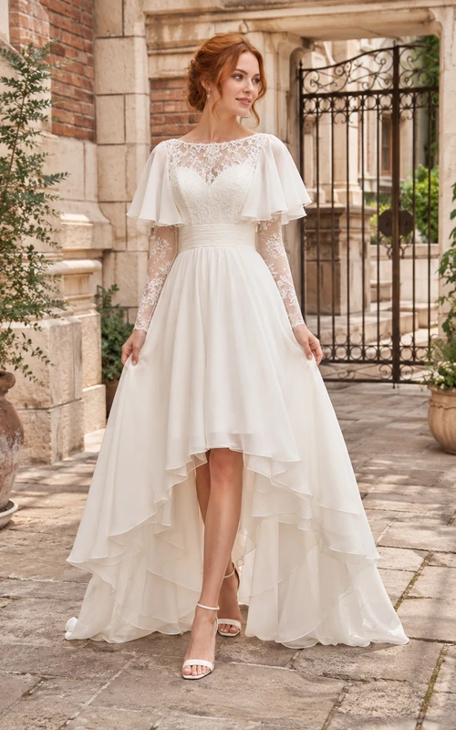 A-Low-Hochzeitskleid mit flatternden Ärmeln und Spitze für den Innenhof