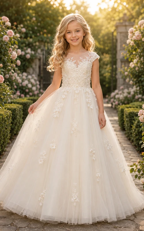 Blumenmädchenkleid, elfenbeinfarbenes Ballkleid aus Spitze und Tüll, Rundhalsausschnitt, bodenlang