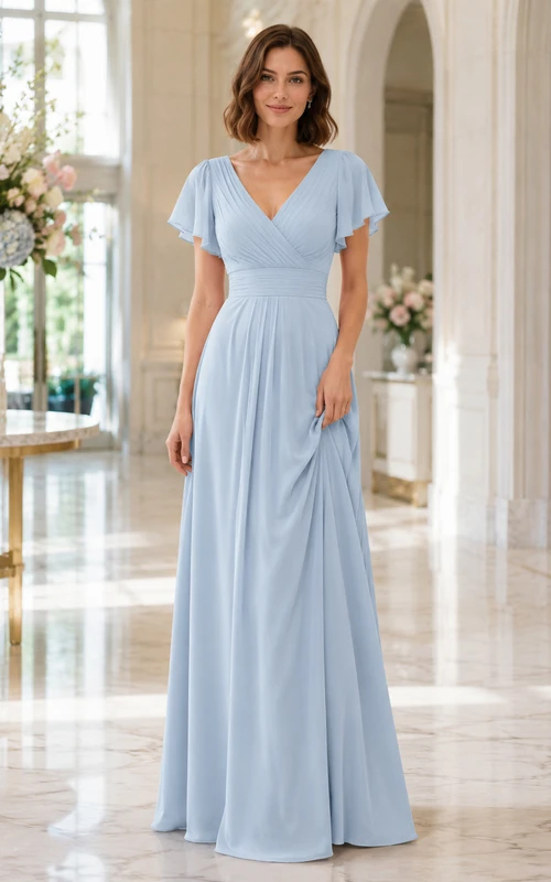 Robe de demoiselle d'honneur vaporeuse en mousseline bleu ciel, coupe trapèze, longueur au sol, col en V, manches papillon