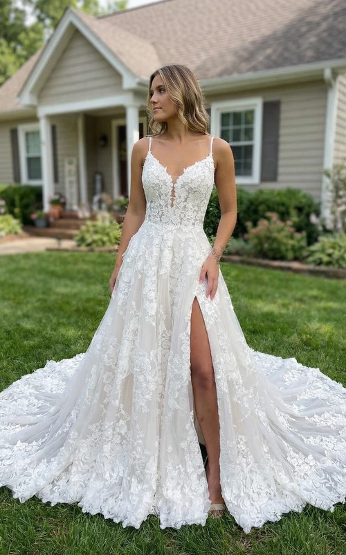 High Slit Floral Lace Wedding Dress Spaghetti Strap A-Line Gown with Long Train