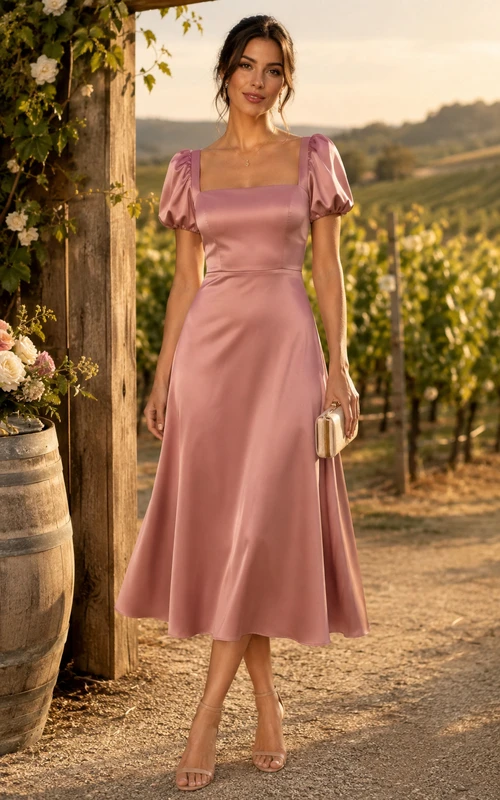 Dusty Rose Square Neck Satin Puff Sleeve Tea-Length Dress