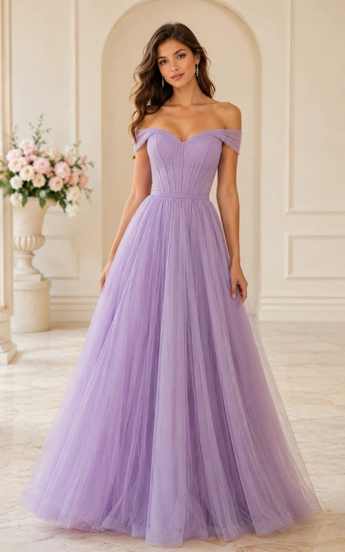 Vestido de fiesta de tul color lavanda, con hombros descubiertos, escote corazón, corte en A y largo hasta el suelo con pliegues.
