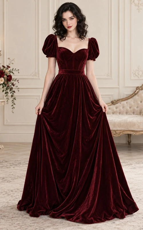 Vestido de dama de honor romántico de terciopelo con escote corazón, mangas abullonadas y drapeado, estilo gótico burdeos.