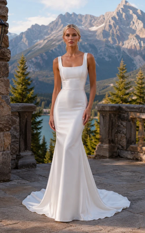Robe de mariée sirène en crêpe à fines bretelles et encolure carrée, idéale pour un mariage à la montagne