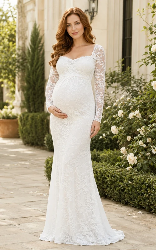 Maternity Long Sleeve Lace Mermaid Square Neck Floor-Length Portrait Gown