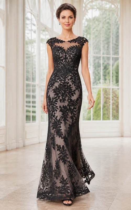 Black Sexy Sheath High Neck Cap Floral Lace Evening Dress