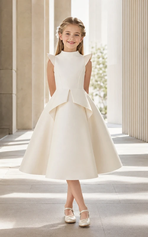 Robe de communion moderne à col montant, manches pétales et basque