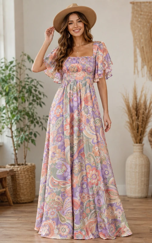 Vestido largo bohemio fluido de manga abullonada en tonos pastel psicodélicos para ocasiones especiales