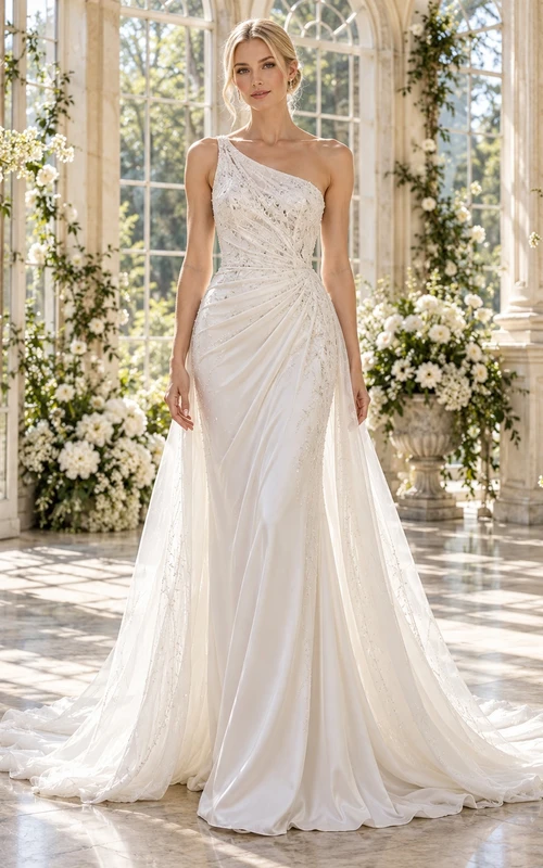 Elegant One-Shoulder Draped Lace Fitted Sweep Train Bridal Wedding Dress