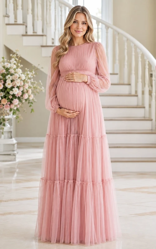 Umstandskleid aus Chiffon in Empire-Stil, plissiert, gestuft, langärmelig, in Altrosa