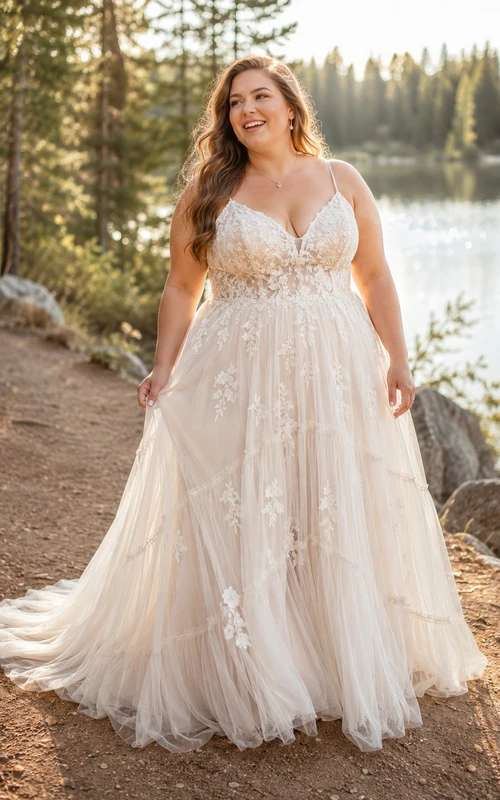 Plus Size Spaghetti Strap Lace A-Line Wedding Dress with Sweep Train