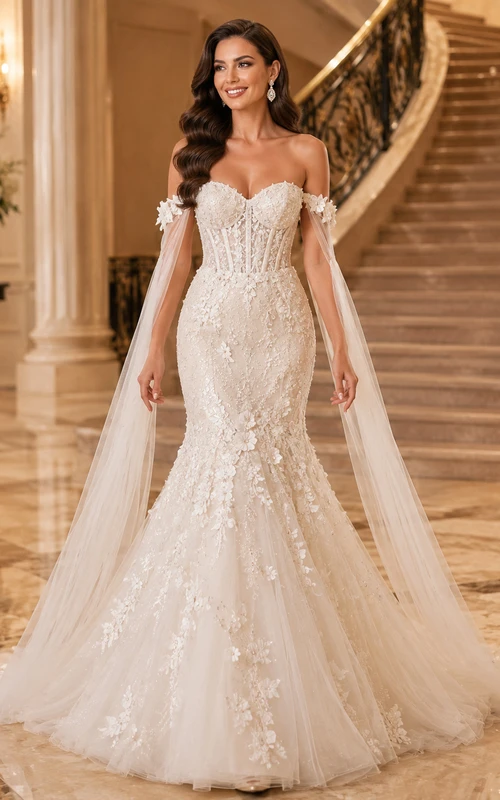 Robe de mariée sirène luxueuse en dentelle florale à épaules dénudées et manches courtes, ornée de fleurs, avec traîne chapelle. Robe de mariée botanique de luxe.