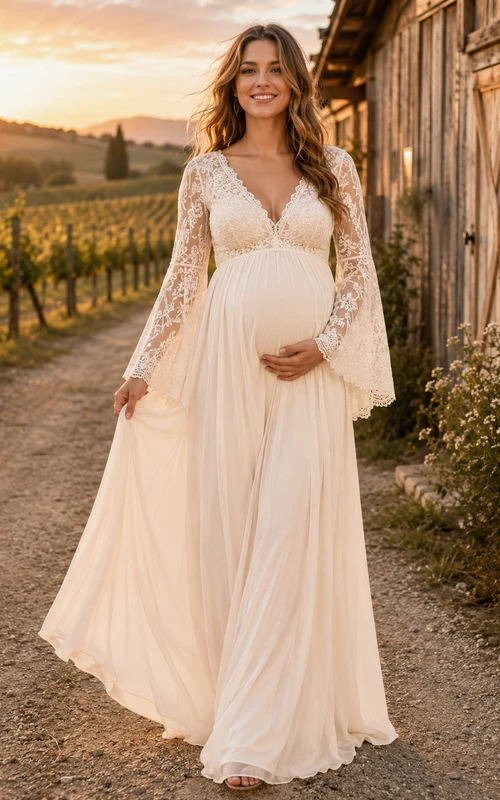 Vestido de novia premamá de manga larga con escote en V y encaje, estampado de viñedos.