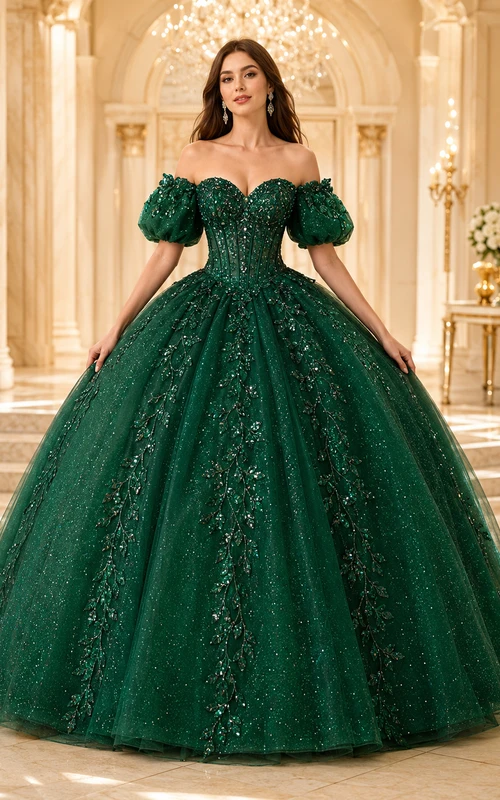 Vestido de fiesta de quinceañera largo hasta el suelo, color verde oscuro, con hombros descubiertos, mangas abullonadas y lentejuelas, de la marca Emerald-Star.