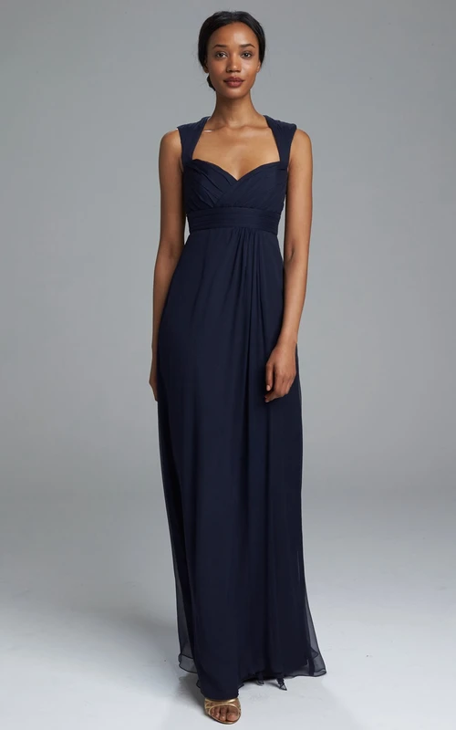 Ärmelloses, langes Empire-Brautjungfernkleid im Queen-Anne-Stil aus Chiffon mit Raffungen und Falten