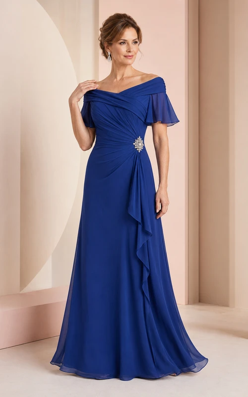MOB-Kleid, königsblau, Chiffon, A-Linie, kurze Ärmel, schulterfrei, bodenlang, Rüschenbesatz