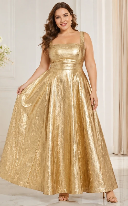 Gold Square Neck Sleeveless Metallic Satin Plus Size Ball Gown