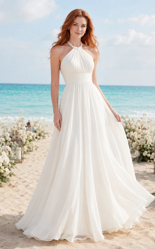 Quick Ship Halter Chiffon Beach A-Line Bridal Gown