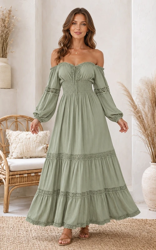 Sage Off-Shoulder Puff Sleeve Crochet Trim Tiered Maxi Dress