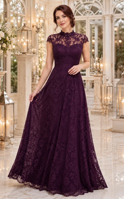 Plum Cap Sleeve High Neck Lace A Line Formal Dress