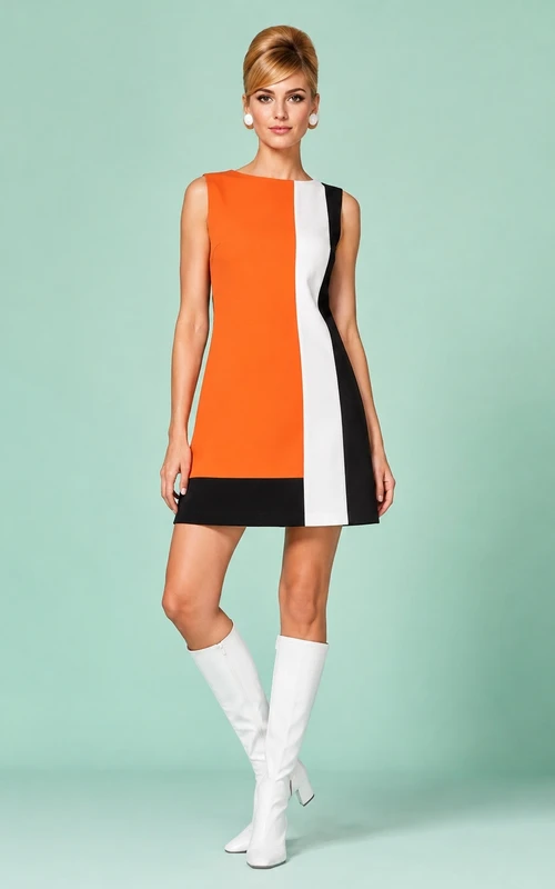 Robe de cocktail mini-moderne orange vintage colorblock sans manches à motif géométrique et fourreau géométrique