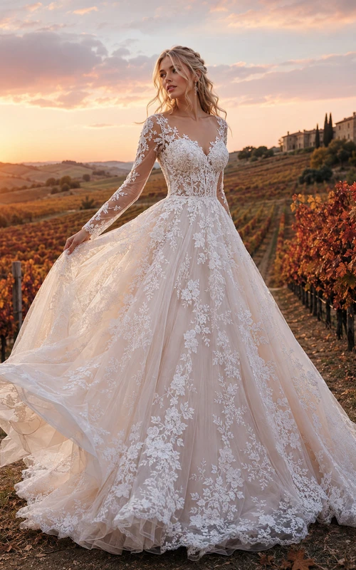 Fall Vineyard Lace Sleeve Ball Gown Wedding Dress