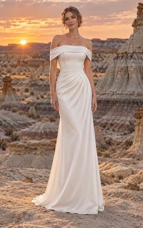 Vestido de novia sencillo de satén liso, largo hasta el suelo, con hombros descubiertos y mangas cortas.