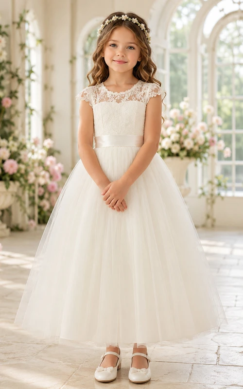 Vestido de novia de jardín para niña, con mangas cortas de encaje, tul, corte en A, largo hasta la rodilla, escote en forma de ojo de cerradura y lazo.