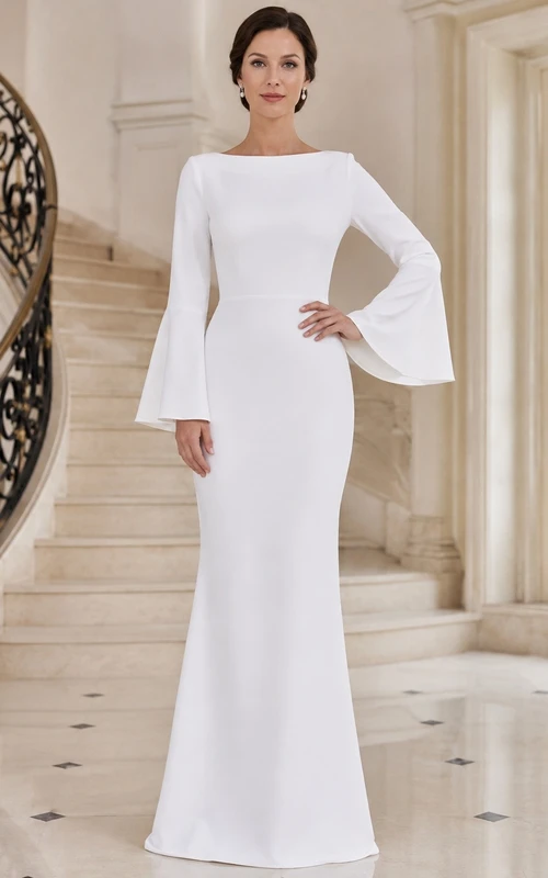 Elegant White High Neck Long Sleeve Floor-length Jersey A-line Formal Dress