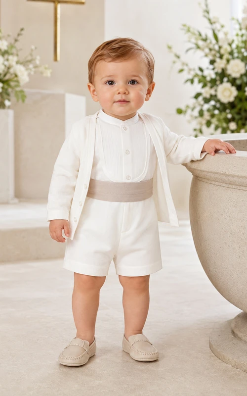Einfaches weißes Langarm-Taufset mit taupefarbener Schärpe und Shorts für Jungen