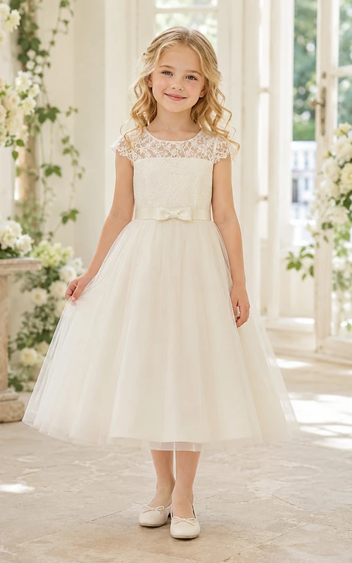 Elegantes, teelanges A-Linien-Kleid aus Tüll mit Spitzenärmeln und Schleife für Blumenmädchen bei einer Gartenhochzeit