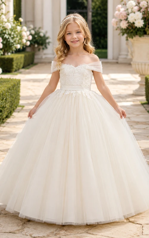 Flower Girl Dress Ivory Tulle Ball Gown Short Sleeve Off Shoulder Floor Length Pleated