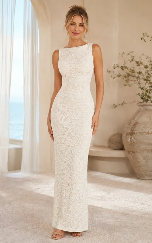 Ivory Sleeveless High Neck Floor-Length Stretch Lace Sheath Formal Dress